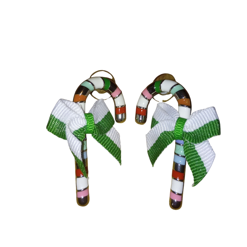 Candy Cane Earrings with Green and White Bows
